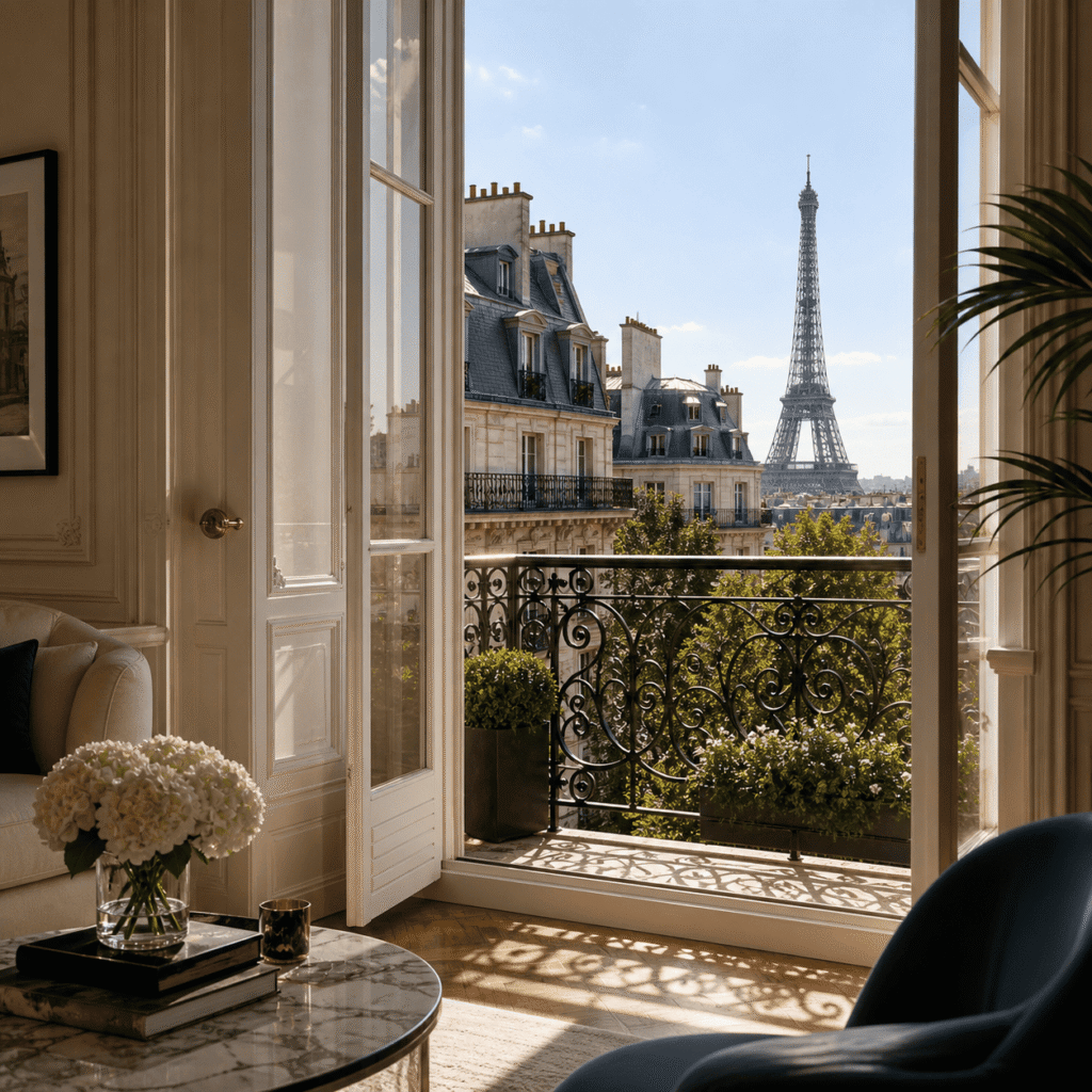 Appartement de luxe à Paris avec balcon haussmannien et vue sur la Tour Eiffel pour illustrer le crédit immobilier en France.