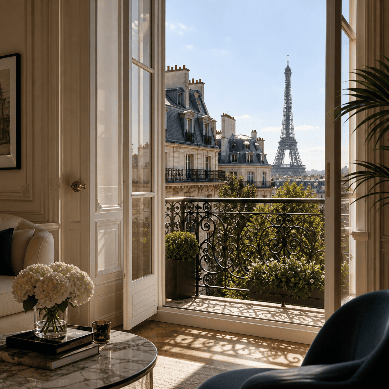 Appartement de luxe à Paris avec balcon haussmannien et vue sur la Tour Eiffel pour illustrer le crédit immobilier en France.